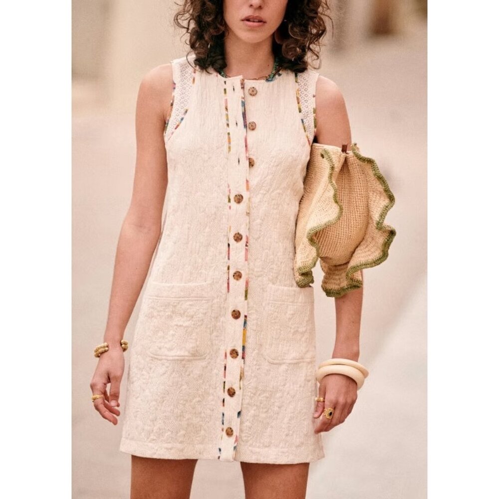 NWT Sezane Villa in Ecru Jacquard Sleeveless Mini Shirt Dress 34 / 2